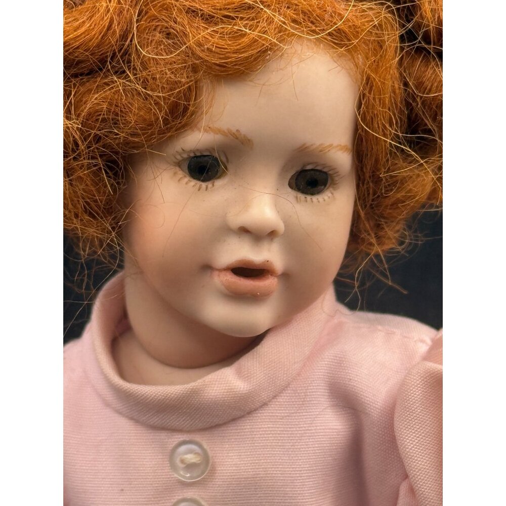 Vintage Porcelain Articulated Limbs Doll Red Hair In Pink Dress MARKED T.J. - Picture 3 of 8